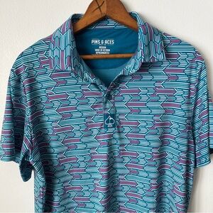 Pins & Aces Geometric All Over Print Arrow Pink Blue Fun Bright Golf Polo Short